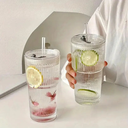 600ml Ribbed Glass Tumbler with Bamboo Lid & Straw