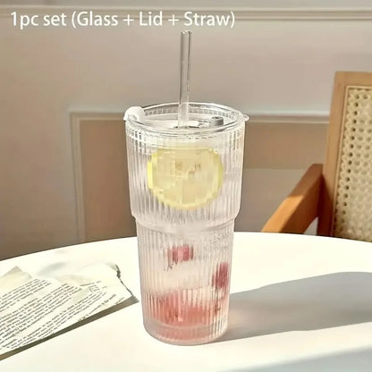 600ml Ribbed Glass Tumbler with Bamboo Lid & Straw