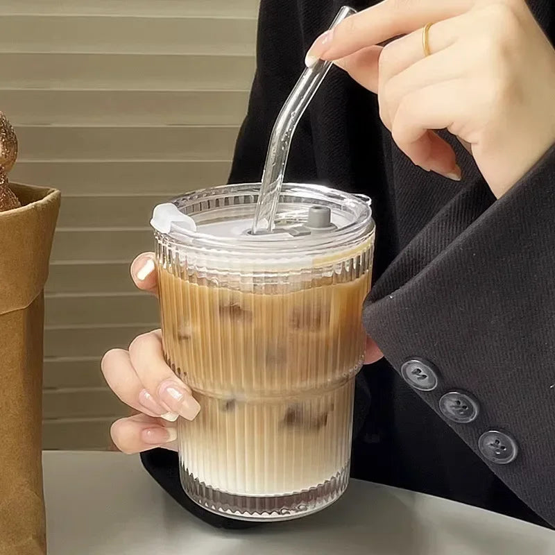 600ml Ribbed Glass Tumbler with Bamboo Lid & Straw