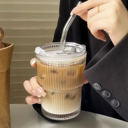 600ml Ribbed Glass Tumbler with Bamboo Lid & Straw