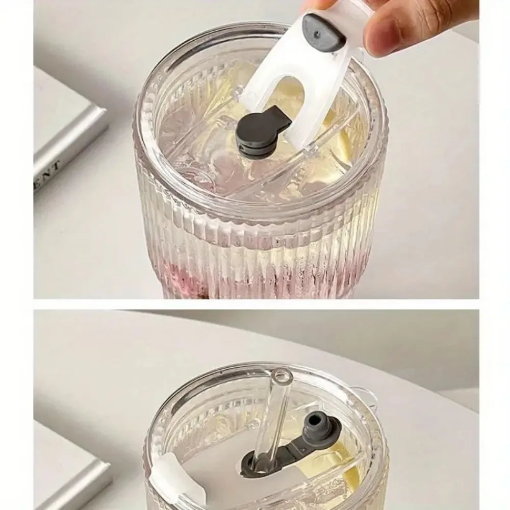 600ml Ribbed Glass Tumbler with Bamboo Lid & Straw