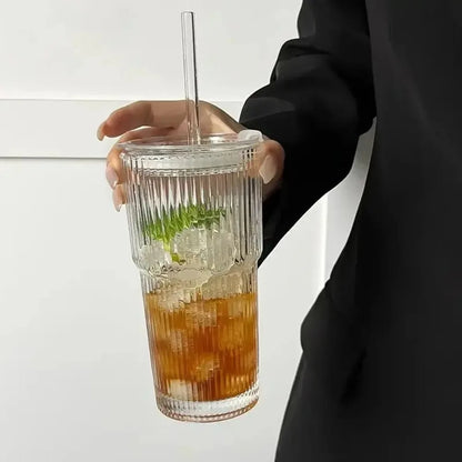 600ml Ribbed Glass Tumbler with Bamboo Lid & Straw